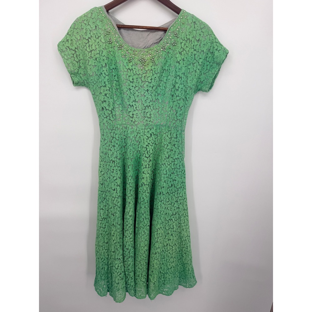 Vintage 1960s Gloria Swanson Green Lace Dress Beaded Rhinestone 31" Bust